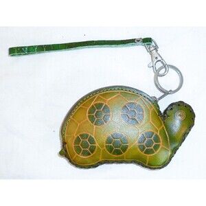 Genuine Leather Turtle Coin Purse Green Hand Made Embossed Wristlet Wallet Zips